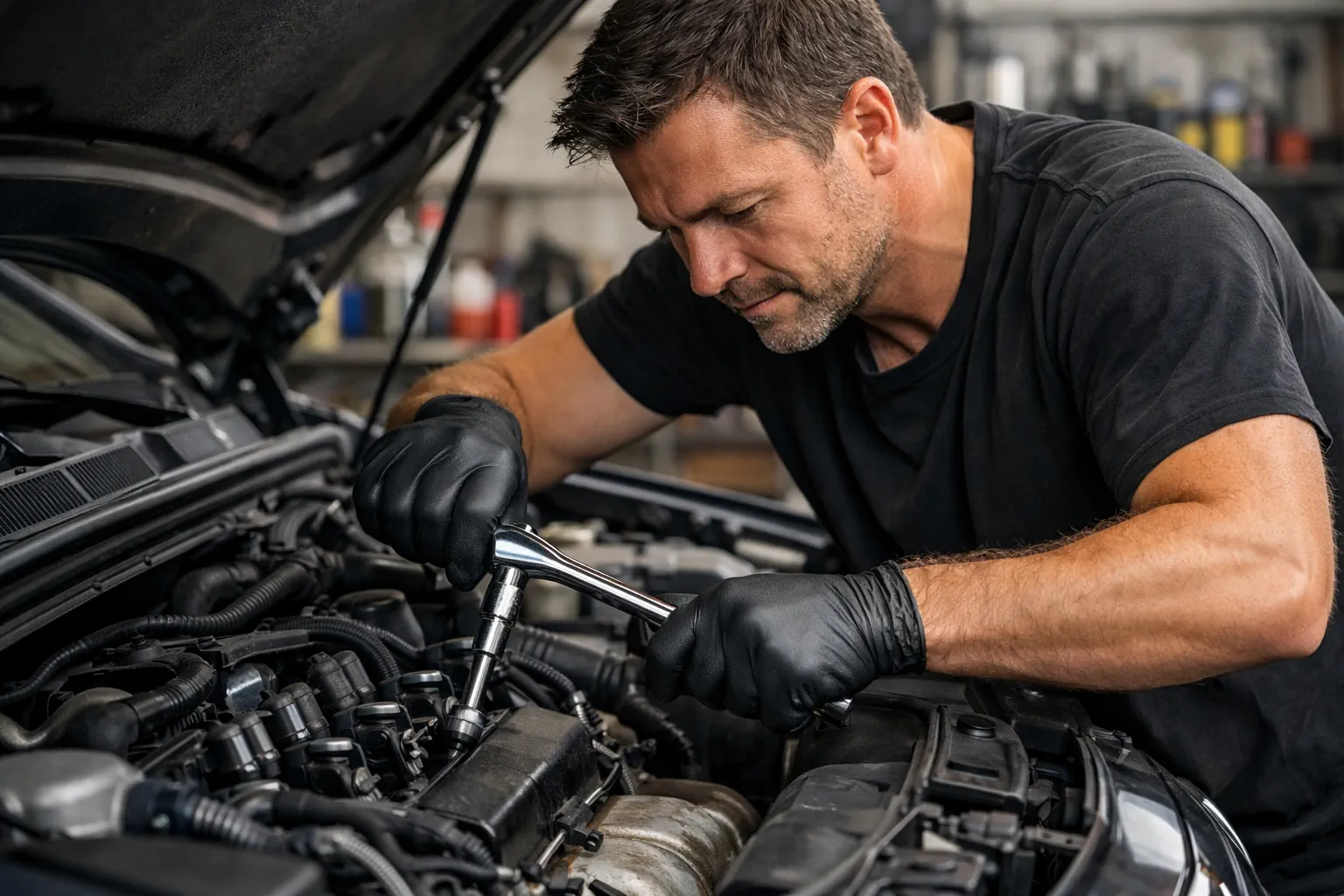 A man changes the spark plugs in his car himself.