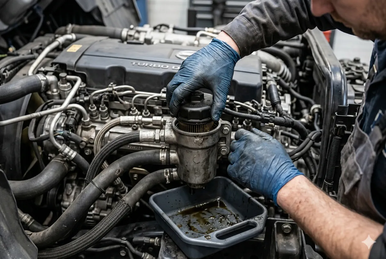 A mechanic is changing the fuel filter on a diesel engine.